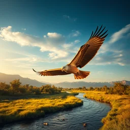 a huge griffin flies low over a river, national geographic style, award winning, golden hour