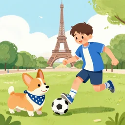 illustration of french boy in paris playing football against a corgi, the corgi is wearing a polka dot scarf