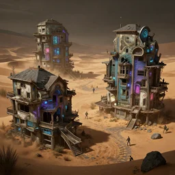 intricate detailed photo environement cyberpunk abandoned houses in dessert : 4, 4 k rtx hdr volume light concept studio matte painting environement digital illustration style mass effect andromeda artstation artur tarnowski, mihai muscan, marcin tomalak, marta leydy, marcin stepien, charlotte hughes, zuzanna dabrowa neon bioluminiscence