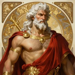 painted portrait of rugged zeus, god of thunder, greek god, white hair, masculine, mature, handsome, upper body, red and gold, majestic, muscular, hairy torso, fantasy, intricate, elegant, highly detailed, digital painting, artstation, concept art, smooth, sharp focus, illustration, art by gaston bussiere and alphonse mucha