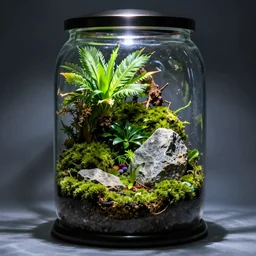 a terrarium jar with moss and stone, tropical style