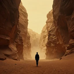 a silhouette wanders in a martian canyon, by jean delville and sophie anderson and mandy jurgens and ralph mac quarrie, retrofuturism, immaculate scale, moody atmosphere, cinematic atmospheric, cinematic lighting, golden ratio, perfect composition, elegant, no crop, extremely detailed, 4 k, hd, sharp focus, masterpiece, trending on artstation