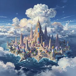 fantasy landscape, riven, myst, city above the ocean, huge waves, clouds, stars, beautiful lighting, vivid colors, intricate, elegant, smooth, concept art, cinematic, unreal engine, wallpaper, by syd mead, terada katsuya, atey ghailan, svetlin velinov, makoto shinkai art style