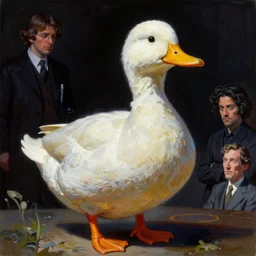 A mixed media painting of a scientist duck, by Frank Frazetta, Greg Rutkowski, Beeple, post-processing, low angle, masterpiece, cinematic, isometric, volumetric lighting