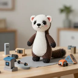 an adorable ferret crochet plushie in a brutalist playset on a table