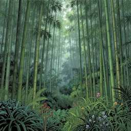 bamboo forest, lot of exotic vegetation, trees, flowers, dull colors, in the foggy huge forest, by victo ngai, lines by moebius andjean giraud, hyperrealism, intricate detailed