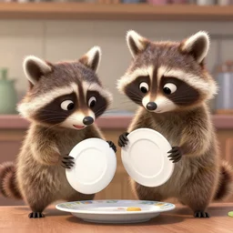 two raccoons doing the dishes, pixar style