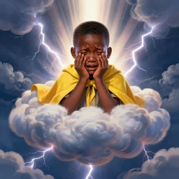 upper half portrait of a crying african boy - wearing a yellow cape - inside a group of clouds - surrounded by bolts of lightning with rays of light emanating from clouds - in drew struzan movie poster style, art by drew struzan & hsiao - ron cheng, highly detailed, digital painting, ray tracing, illustration, smooth, sharp focus, intricate, symmetry, artstation,