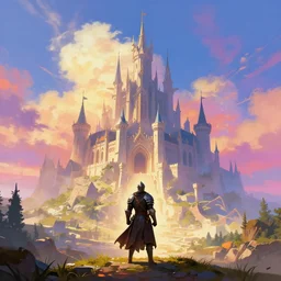 the fantasy castle in the distance, art by greg rutkowski, digital art, trending on artstation, symmetry!!, epic composition, wide angle shot, colorful skies, warrior standing in the foreground