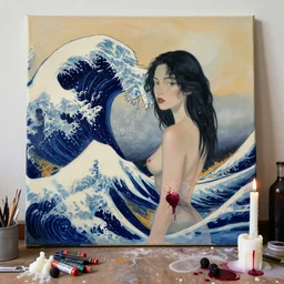 “ a portrait in a female art student ’ s apartment, great wave off kanagawa, sensual, art supplies, a candle dripping white wax, berry juice drips, acrylic and spray paint and oilstick on canvas, surrealism, neoexpressionism ”