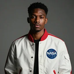 a black man wearing a white and red nasa jacket. bloom and glare. soft light. dramatic composition, dramatic lighting, studio lighting, sharp focus, 8 k monaris. billy dinh