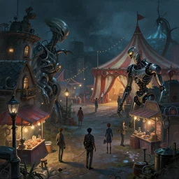 close - up of cyborg knights exploring small town amusement, gas lamps, food stalls, cyberpunk big top circus tent, highly detailed, nightmare, neo alien, digital painting, concept art, matte, art by ruan jia and wlop and greg rutkowski and makoto shinkai, masterpiece