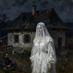 dark, atmoshperical, mysterious, meszoly geza, realistic, midnight, mednyanszky laszlo, a ( ( ghost woman in white dress ) ) in front of a 1 9 th century, highly detailed, oil canvas by szinyei merse pal, old hungarian peasant house. closeup, shadows, and lotz karoly