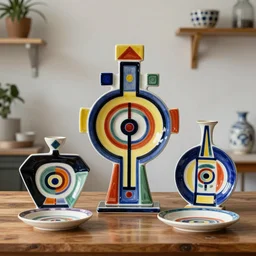 beautiful ceramics studio photograph of a tall colorful geometric symmetrical fancy ceramic sculpture place setting, glazed by paul klee and victor vasarely, placed on a polished wooden table, hyperrealism 8 k trending on artstation