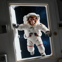 photo - realism, space monkey and astronaut opening door that shows space and time, extra detail, epic.