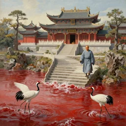 a gorgeous landscape painting by barlowe wayne maxfield parrish and marco mazzoni. chinese temple. a lonely chinese monk in grey blue long gown walks on the winding steps. three red crowned cranes splashing in the water!! ultra clear detailed. 3 d, octane render. turbulent blood lake.