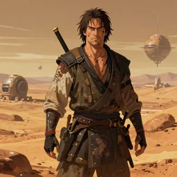 Thomas Jane, an illustration of a worn out samurai that got time travelled to a futuristic colonized Mars, art by Ilya Kuvshinov, wallpaper, highly detailed, anime key visual, warm colors, epic landscape, HD digital art, artstation