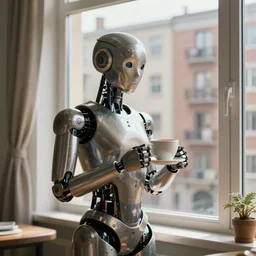 Industrial style humanoid robot, wearing clothes, drinking a cup of coffee, standing in front of his apartment window looking outside, global illumination, radiant light, detailed and intricate environment