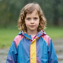 a photograph of a seven year old girl with short wavy curly light brown hair and blue eyes wearing a colorful raincoat in the rain. high quality professional photo, natural lighting