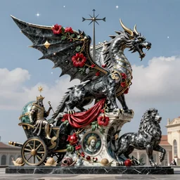 tilt shift, italian masterpiece, Naples, sky in background, wyvern, wind rose, Ashford Black Marble, sculpture, baroque,  draped with red Hibiscus and vines and spines, marble and hint gold, space, stars, clouds, suns, moons, drapes, fruits, Obsidian, pomegranade, armour, medieval globe, glass, portrait, mage, centaur, siren, lion, chariot, snails, render, artstation, ultra detailed