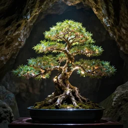 shimmering bonsai tree hidden in a cave, cinematic lighting, beautiful, 4 k