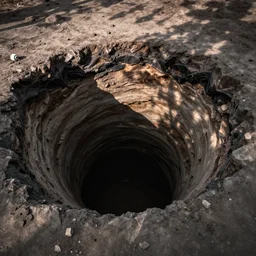 height view looking down the edge of a giant hole, ground camera