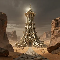 gorgeous concept art of a tower made of bones and skulls in the middle of desert, some rocks and cliffs around, narrow road made of stones goes to tower, very high details, dramatic mood, deep environment, art by legends of runeterra and tomasz jedruszek and gabor szikszai, trending on artstation, unreal engine, 8 k, 4 k, backlight