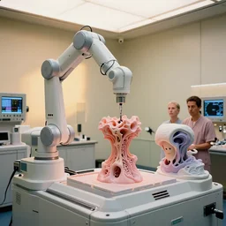a complex bifurcated robotic cnc surgical arm cybernetic symbiosis hybrid mri 3 d printer machine making organic ceramic fractal forms by wayne barlowe and beeple in the glass room laboratory with control panels, golden hour lighting, pastels, film still from the movie directed by denis villeneuve with art direction by wayne barlowe and salvador dali, wide lens, f 3 2,