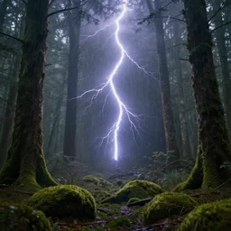 ball lightning floating through a mossy forest, fog, realistic, raining,