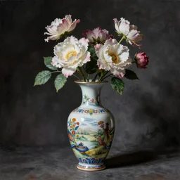 porcelain vase and flowers still life composition. by konstantin razumov, chiaroscuro, highly detailded