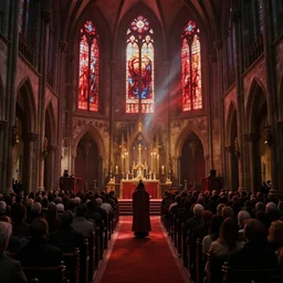 Satanic mega-church temple auditorium, crowd of thousands of worshippers, sublime gothic architecture, red stained glass windows, sunrays, eerie lighting, unholy ceremony, sacrilegious rite, infernal, demonic, hellish, Realism, 4k, 8mm, photographic