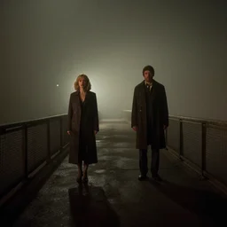 night photo of a deserted bridge in dense fog. a perfect movie set for bogey and bacall!