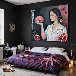 bedroom with black walls and a futon, berry juice dripping, a sensual portrait of a female pathologist holding a brain, intravenous drip, wilted flowers, pomegranate, candles, octopus, pancakes, berries, surgical supplies, scientific glassware, candles, neo - expressionism, surrealism, acrylic and spray paint and oilstick on canvas