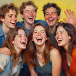 amazing beautiful hyper - detailed photorealistic oil painting of a group of friends laughing together. the colors are very vibrant and the people in the photo look very happy. vibrant colors, very funny, personal, positive, visually pleasing, engaging and contains humans. high resolution. high quality. hq hd. trending on artstation.