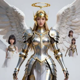 a beautiful angel with a golden helmet wearing a silver armor with golden ornaments and diamonds jewelry, wings by alex gray and android jones, karol bak, ayami kojima, amano, concept art, character design, fantasy, 3 d, 8 k resolution