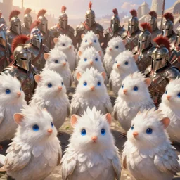 dungeons and dragons fantasy painting, close order phalanx of feathered mice spartans, 3 0 0, whimsical and cute, determined expressions, watery blue eyes, anime inspired, white fur, tufty whiskers, dawn lighting, at thermopolae by brain froud jessica rossier and greg rutkowski
