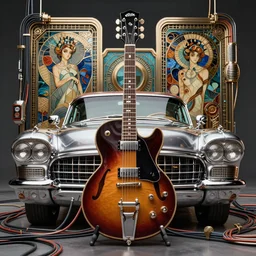 portrait of a gibson es - 3 3 5 guitar steampunk spaceship 1 9 5 3 cadillac, symmetrical, cables everywhere, chrome,, new art nouveau, mucha, hot rod, moebius, vintage,
