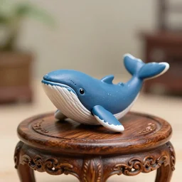 [ miniature whale ]! sitting on [ an ornately intricate wooden table ]!, focal blur!, 4 k photorealistic photography, trending on unsplash