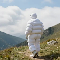 a grandpas wearing michelin man costume wandering trough the mountains looking at the clouds very detailed focused photography cinematic lighting, sun and shadows, taken by martin parr, colour photo kodachrome