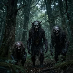 photo of monsters lurking on the forest, unsettling atmosphere, eerie, bizarre, horror