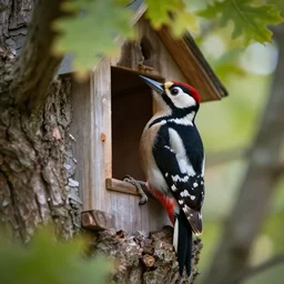 5 5 mm macro photo of a woodpecker inside a house in an oak tree, looking through the window. dof. bokeh. by greg rutkowski and luis royo. highly detailed 8 k. intricate. lifelike. soft light. cinematic processing