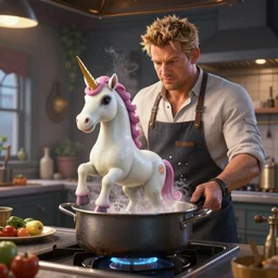 unreal engine 5 photorealistic Gordon Ramsey cooking a unicorn in a pot in a intricate kitchen 4k