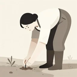 stylized farmer woman bending down planting a seed in the ground, limited neutral palette, by petros afshar, anton fadeev, dean ellis, beautiful graphic full body portrait, propaganda poster art 1 9 7 0 s illustrated advertising art, painterly character design