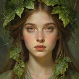 beautiful female druid, portrait, fantasy, young, correct eyes proportion, hyperealistic eyes, detailed, intricate, leaves and simple cloth, global lighting, digital art, digital painting, artstation, wlop, illustration, art by artgerm and greg rutkowski and alphonse mucha, 8 k