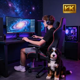 young gamer sitting in gaming chair + neon rgb light strips, large computer monitor, galaxy themed room, cute bernedoodle puppy sitting at his feet, 4 k, award winning