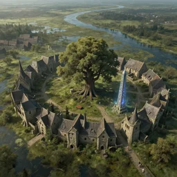 airborne view of a downtrodden medieval town by a river in a swamp with a large hollow tree in its center and a magical obelisk neighboring it, 4k, by Greg Rutkowski, fantasy, mix of celtic and Rus architecture, cinematic