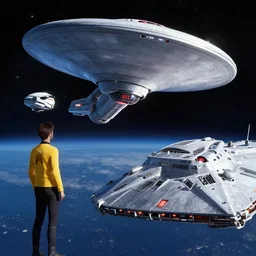Space Battle between USS Enterprise from Star Trek and Star Destroyer from Star Wars, trending on artstation, artstationHD, artstationHQ, unreal engine, 4k, 8k