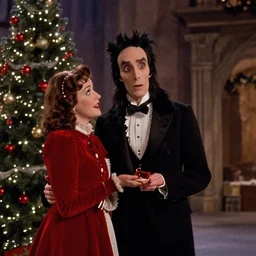 a cinematic film still of a Christmas movie directed by Tim Burton