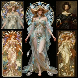 Character concept and fashion spot illustrations from the Final Fantasy and Assassin's Creed Brotherhood mashup, full-body, bloom, dynamic poses, diaphanous cloth, intricate crystalline and feather jewelry, ornate, filigree, arcane, cinematic lighting, by Alphonse Mucha, by James Gurney, by Bouguereau, by Rubens, fantasy, portfolio illustration, highly detailed, trending on Artstation, CGsociety, HQ, 8k, 35mm lens, f2.8, Bokeh,