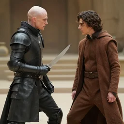 choreographed_knife_fight  between bald_hairless_Austin_Butler-dressed-in-black-leather-armor and Timothee_Chalamet_as_Paul_Atreides-dressed-in-brown-felt, in an arena pit, film still from movie Dune-2021, detailed faces